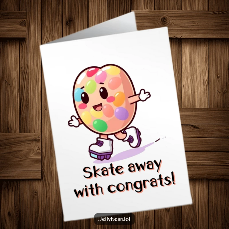 Funny Free Printable Congratulations Card of a jelly bean character in roller skates, celebrating with speed.