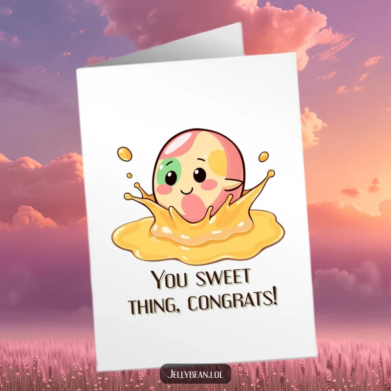 Funny Free Printable Congratulations Card: A jelly bean character playfully splashing in syrup, cheering on success