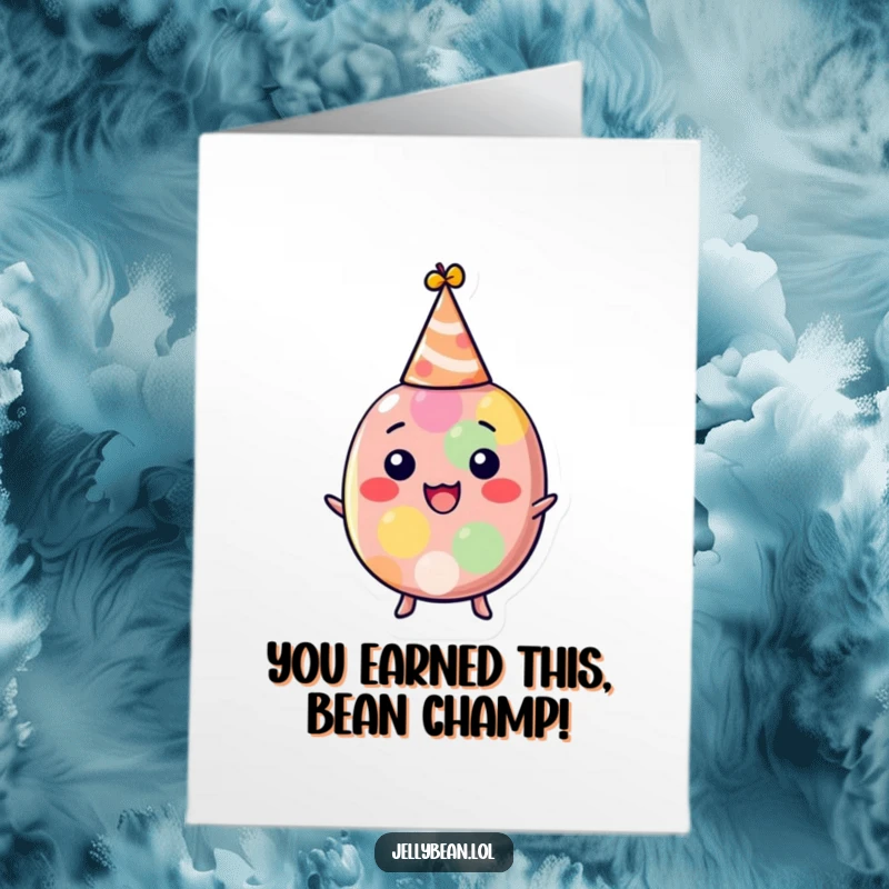 Funny free printable congratulations card with a delighted jelly bean in a tiny party hat, cheering for success.