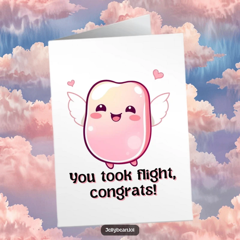 Funny free printable congrats card: Joyful jelly bean with wings, fluttering through the air, celebrating success, unique downloadable art.