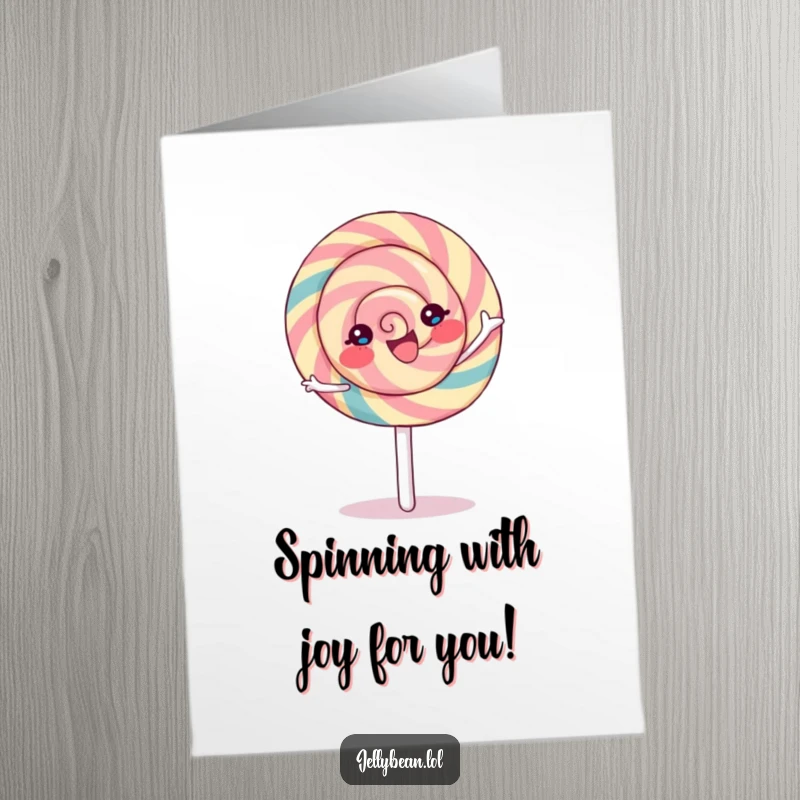 Funny Free Printable Congratulations Card: A happy lollipop character spinning with delight over achievements.