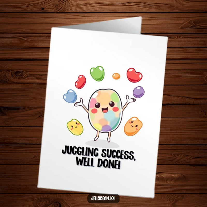 Funny Free Printable Congratulations Card with a cheerful jelly bean character juggling beans, symbolizing a successful feat.