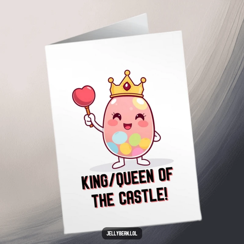 Funny Free Printable Congratulations Card featuring a crowned jelly bean striking a triumphant pose next to a giant candy prize.