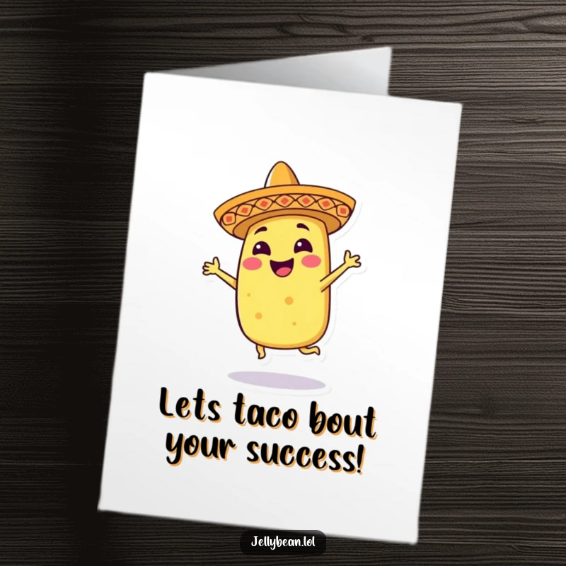 Funny Free Printable Congratulations Card: A happy taco wearing a sombrero, dancing with infectious energy to mark a triumph.