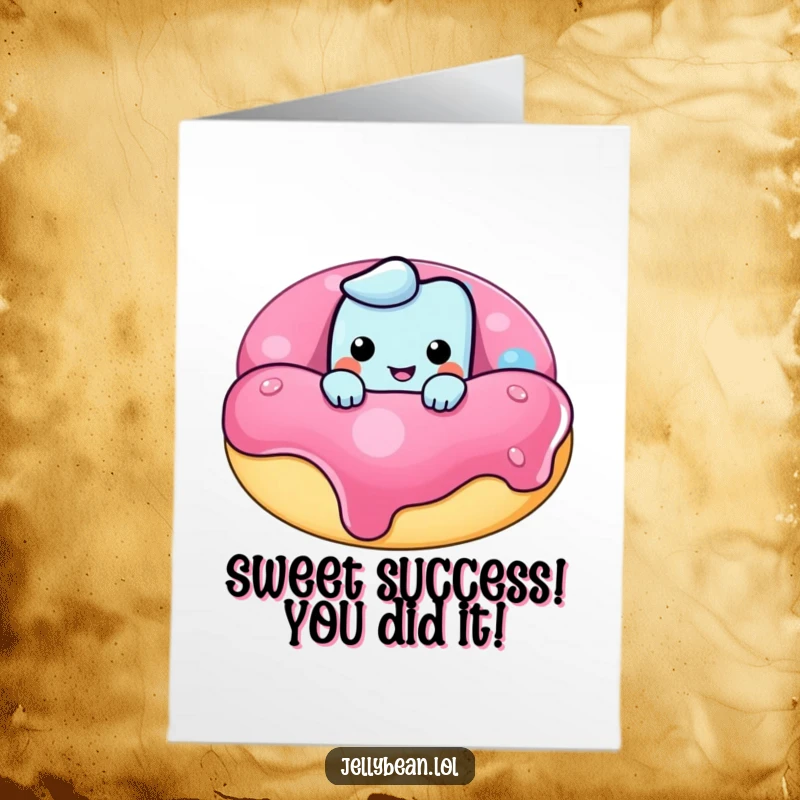 Funny Free Printable Congratulations Card: Jelly bean peeking over a donut, grinning mischievously, celebrating a win.