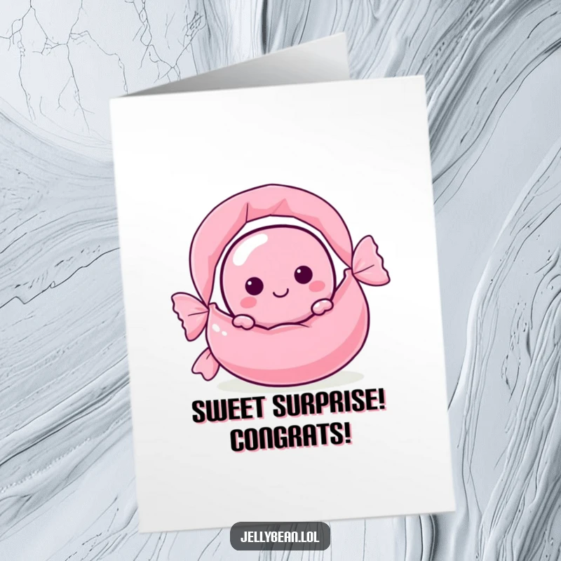 Funny Free Printable Congratulations Card showing a jelly bean character peeking from behind a gigantic candy wrapper.