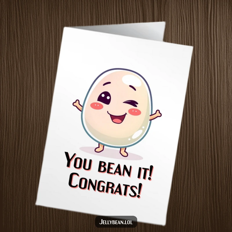 Funny Free Printable Congratulations Card featuring a mischievous jelly bean winking, celebrating success with a playful smirk.