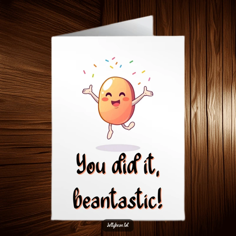 Funny free printable congratulations card showing a vibrant jelly bean executing a dynamic cartwheel, conveying pure excitement.