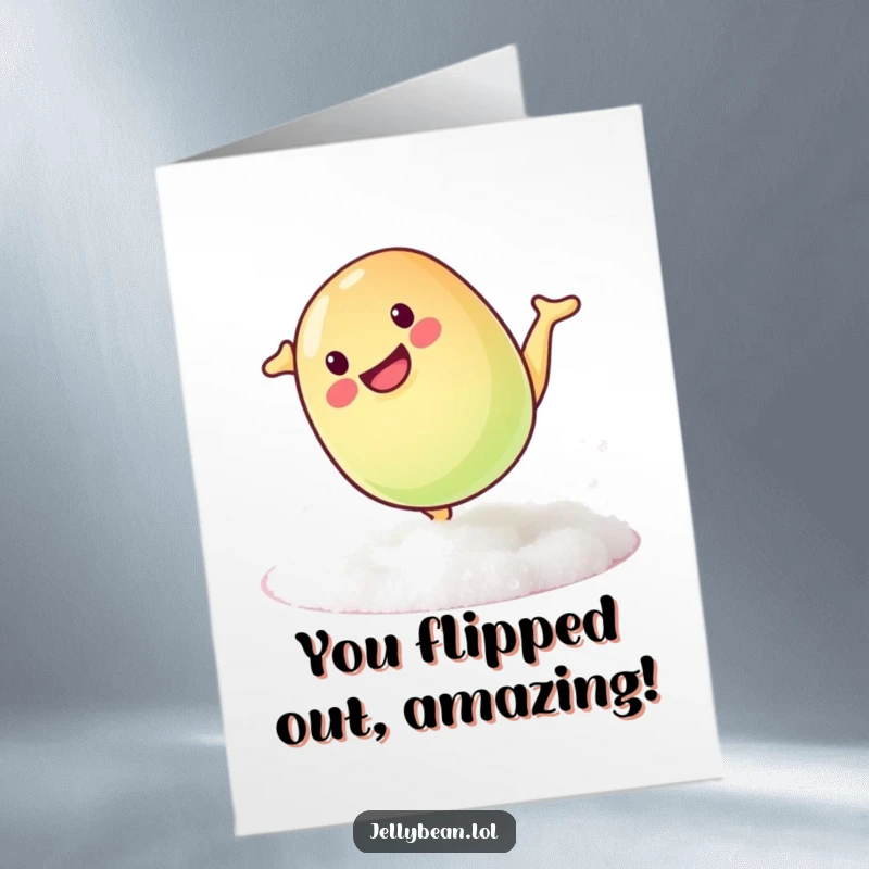 Funny free printable congrats card: Jelly bean doing a somersault on sugar, celebrating achievement, dynamic and sweet downloadable art.