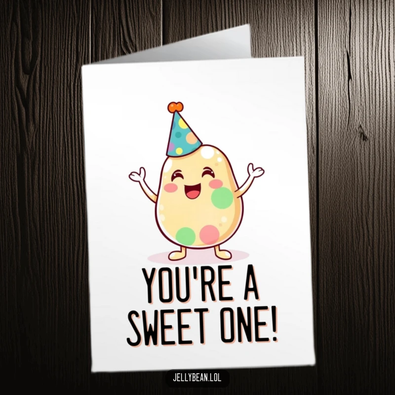 Funny Free Printable Congratulations Card featuring a jubilant jelly bean in a party hat, cheering with pure excitement.
