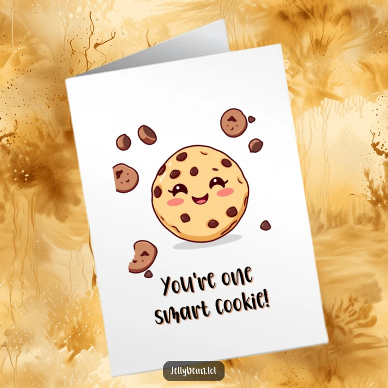 Funny Free Printable Congratulations Card depicting a happy chocolate chip cookie character beaming with a wide, cheerful grin.