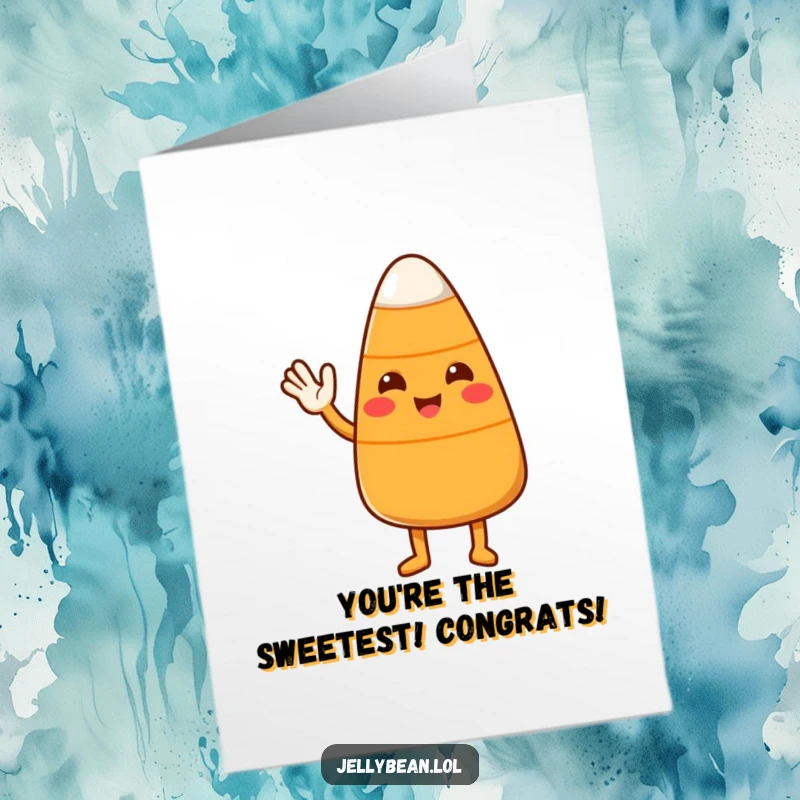 Funny Free Printable Congratulations Card: A cute candy corn character extending a friendly wave in celebration.