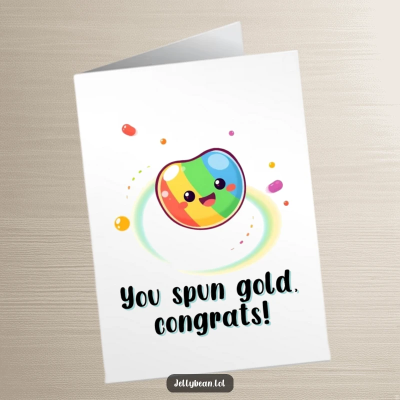 Funny Free Printable Congratulations Card: A jelly bean in a colorful spin, creating a vibrant rainbow explosion, printable.