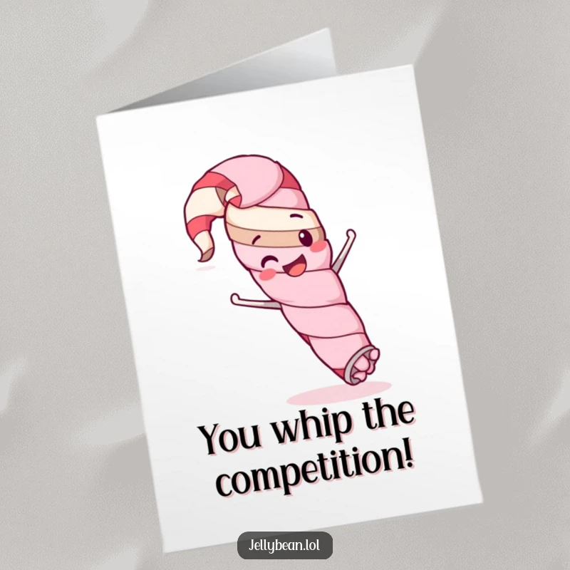 Funny Free Printable Congratulations Card with a happy licorice whip character executing a comical, daring stunt with a smile.
