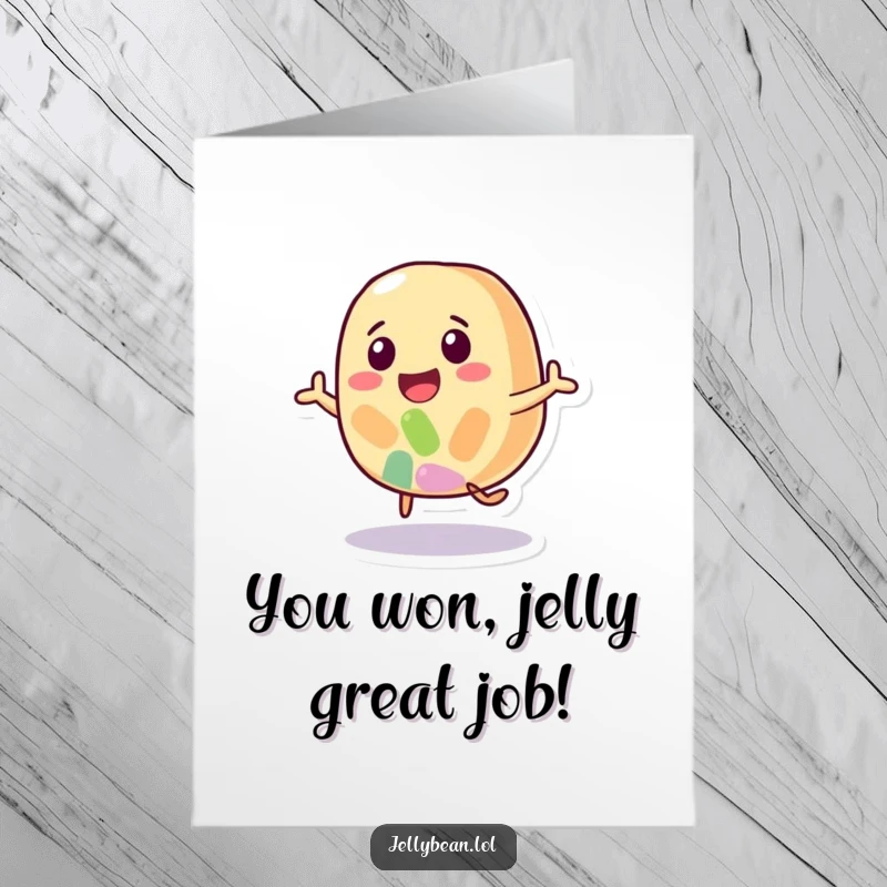 Funny Free Printable Congratulations Card showing a colorful jelly bean character in mid-bounce, radiating happiness and excitement.