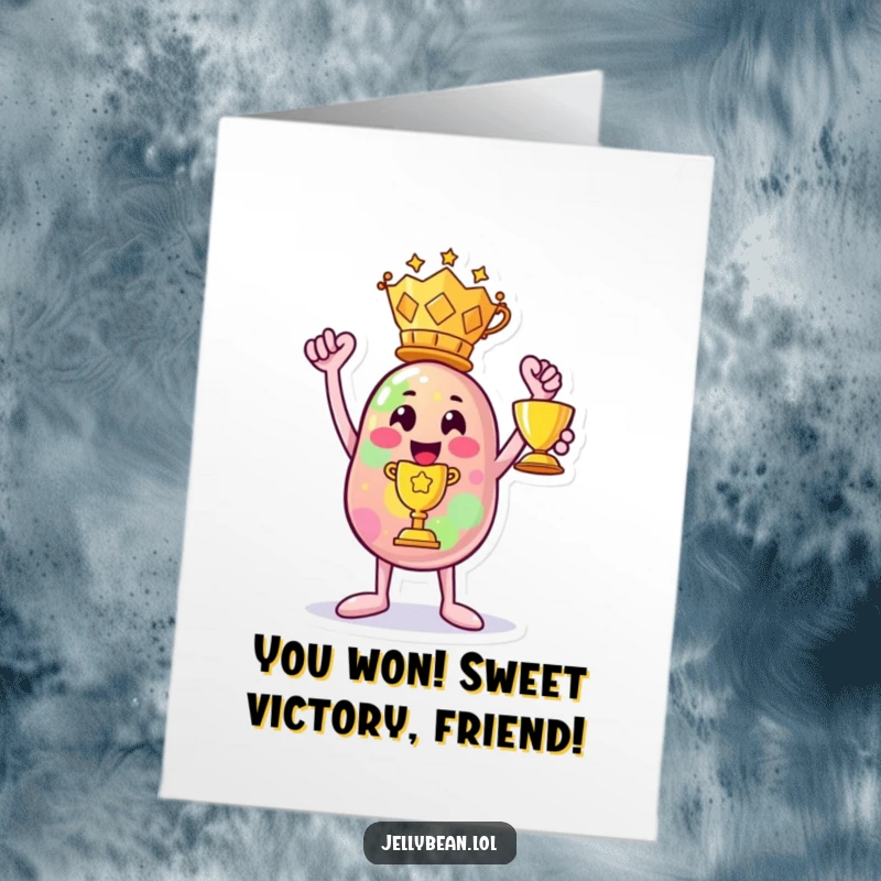 Funny Free Printable Congrats Card: Anthropomorphic jelly bean character proudly holding a trophy, marking a big win.