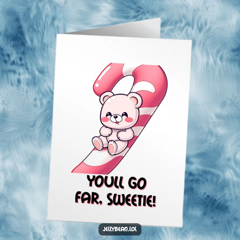 Funny Free Printable Congratulations Card: A giggling gummy bear character slides down a giant candy cane to celebrate an achievement.