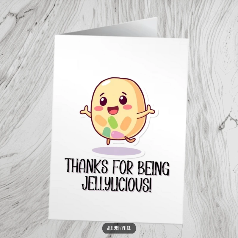 Funny Free Printable Thank You Card with a lively jelly bean character bouncing happily, conveying gratitude with a smile.