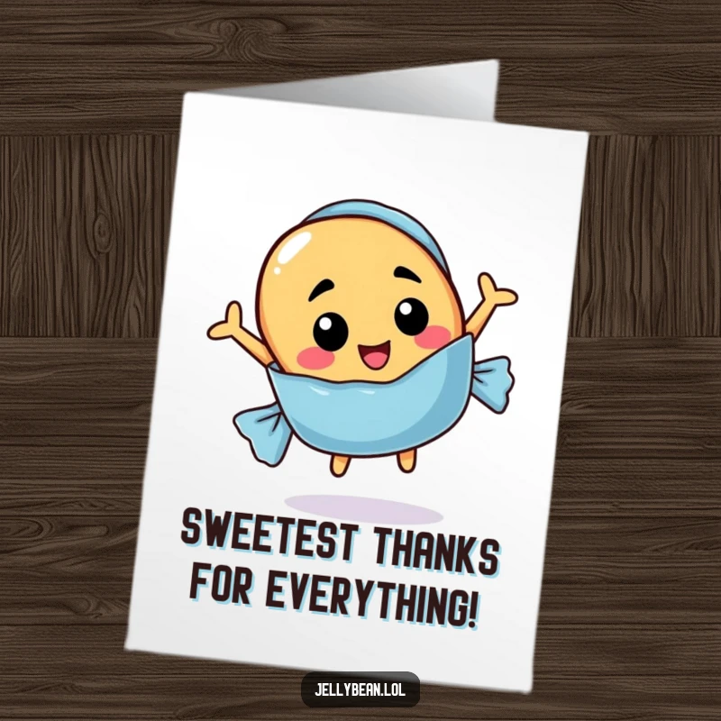 Funny Free Printable Thank You Card featuring a jelly bean character with a funny expression jumping out of a brightly colored candy wrapper.