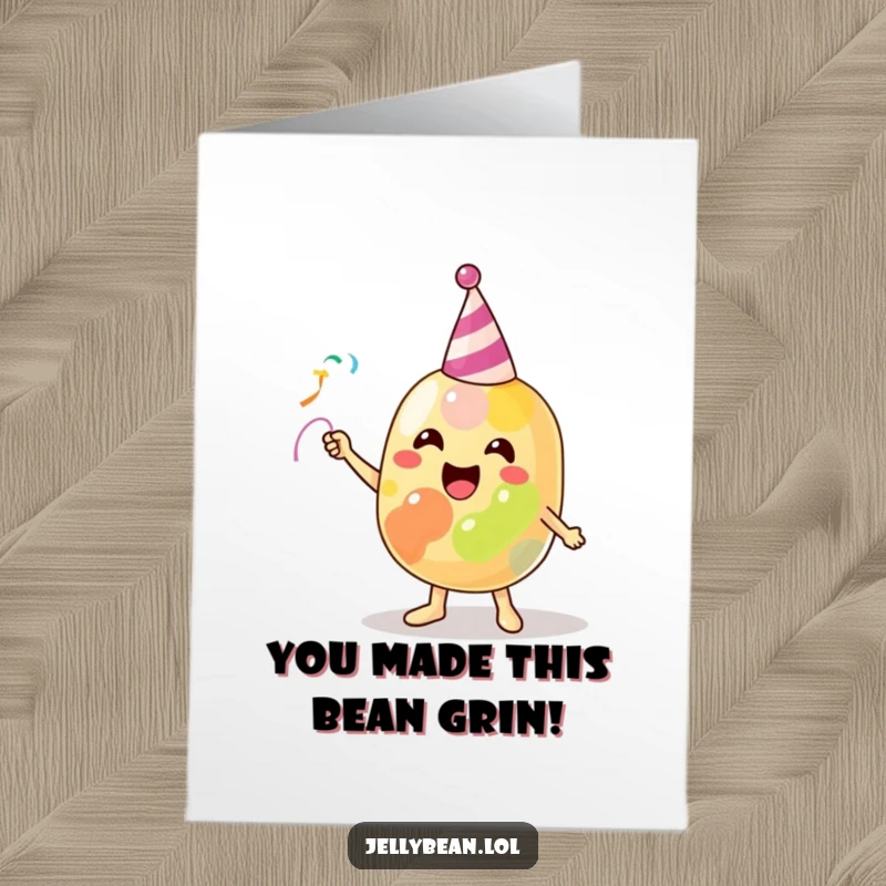 Funny Free Printable Thank You Card featuring an ecstatic jelly bean character showering a stream of party streamers with thanks.