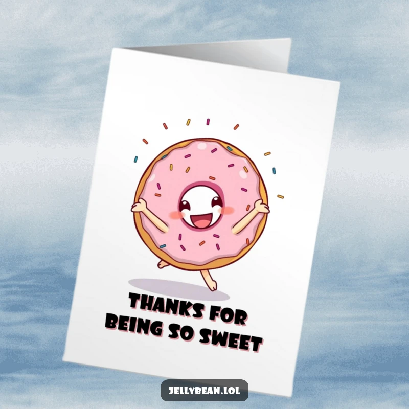 Funny Free Printable Thank You Card: A donut doing a cartwheel with sprinkles flying, a fun way to express thanks.