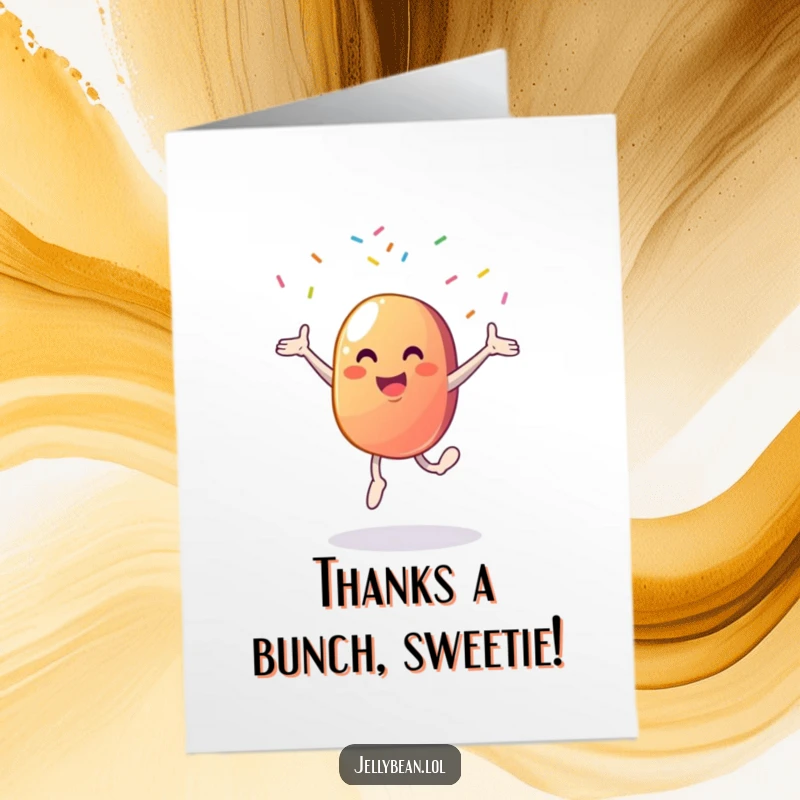Funny free printable thank you card depicting an energetic jelly bean mid-cartwheel, sending thanks with a flourish.