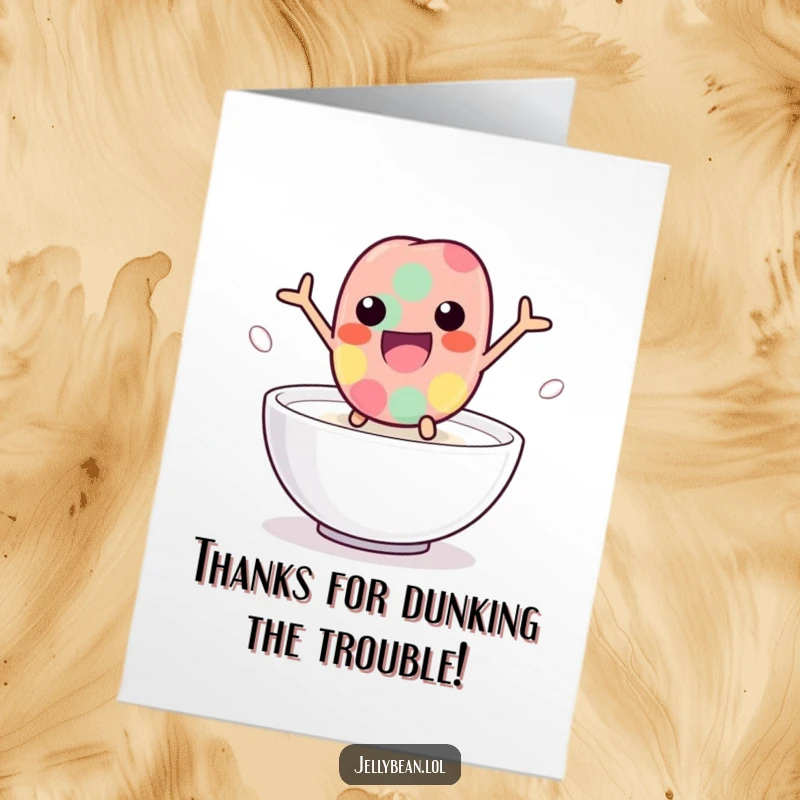 Funny free printable thank you card featuring a playful jelly bean jumping into milk, expressing thanks.