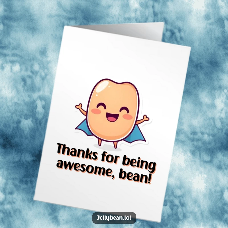 Funny Free Printable Thank You Card: A grinning jelly bean hero wearing a cape is ready to express thanks.