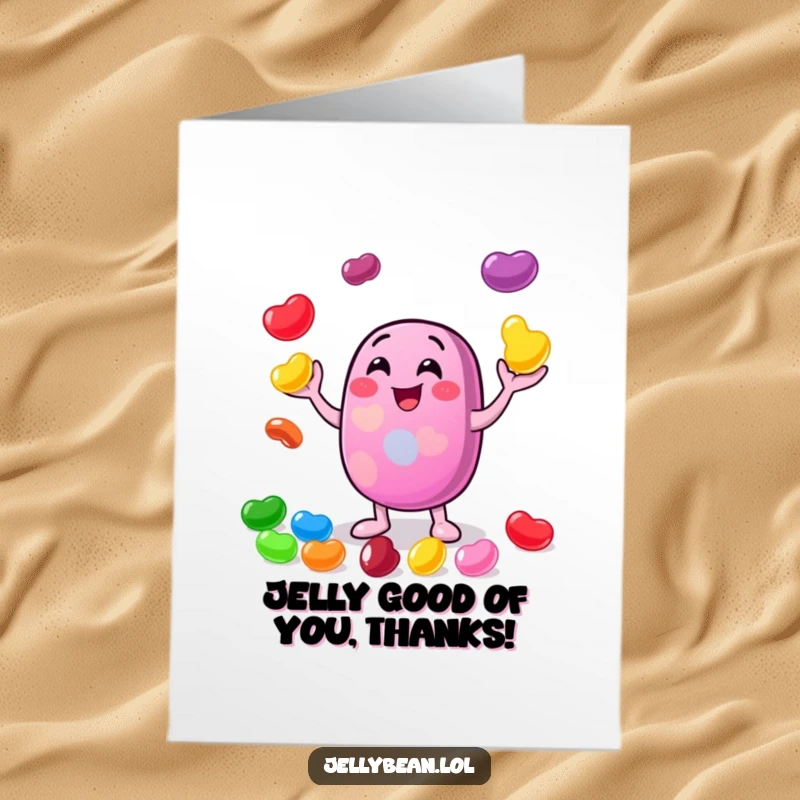 Funny Free Printable Thank You Card: A cheerful jelly bean character juggling multiple colorful beans with evident glee, expressing thanks playfully.