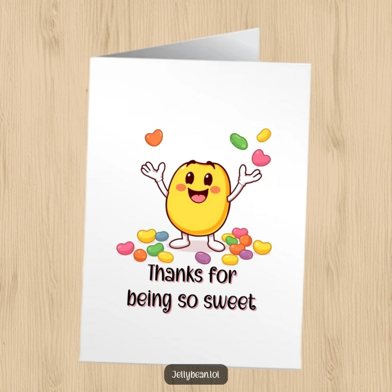 Funny Free Printable Thank You Card: Jelly bean character joyfully juggling beans, a sweet gesture of thanks.