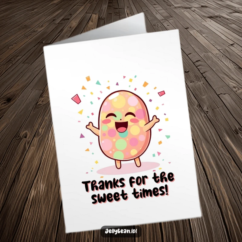 Funny Free Printable Thank You Card: A wobbly jelly bean character erupting in colorful confetti and laughter, showing heartfelt thanks.
