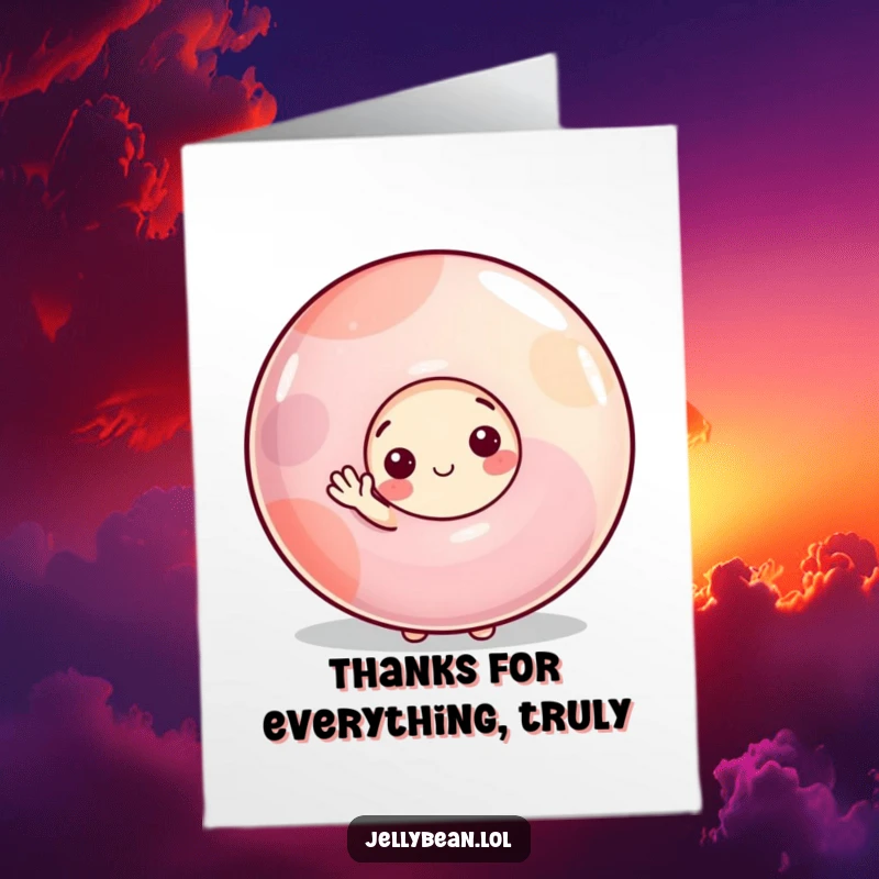 Funny Free Printable Thank You Card: A shy jelly bean character hiding behind a giant gumdrop, extending a small, polite wave.