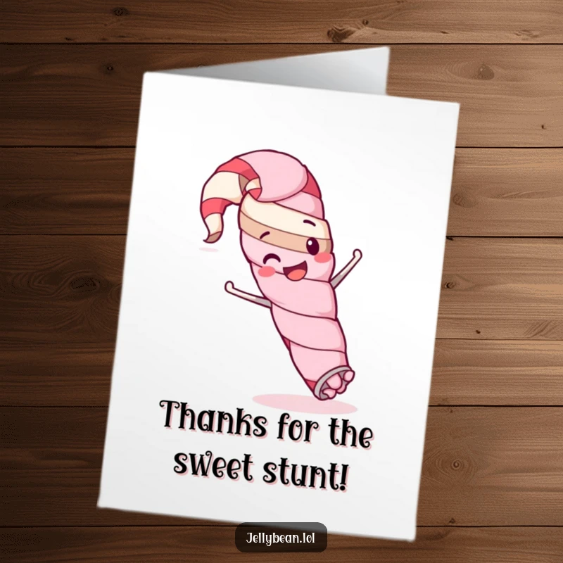 Funny Free Printable Thank You Card showcasing a happy licorice whip character performing an entertaining silly stunt, conveying thanks.