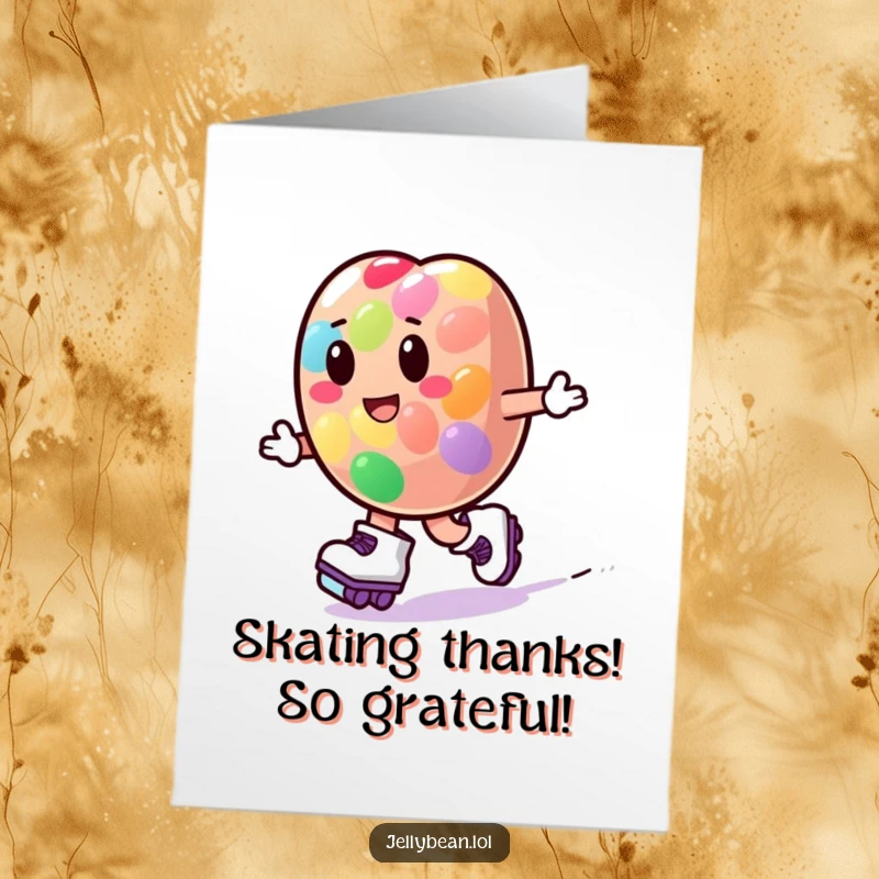 Funny Free Printable Thank You Card featuring a jelly bean character on roller skates, delivering thanks quickly.