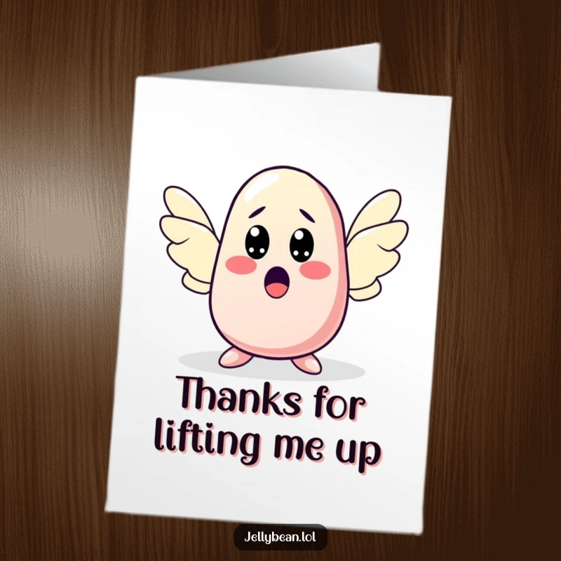 Funny Free Printable Thank You Card: Jelly bean character sprouting wings in surprise, a whimsical take on elevated thanks.
