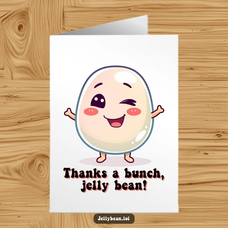 Funny Free Printable Thank You Card with a mischievous jelly bean character winking, expressing thanks with playful charm.