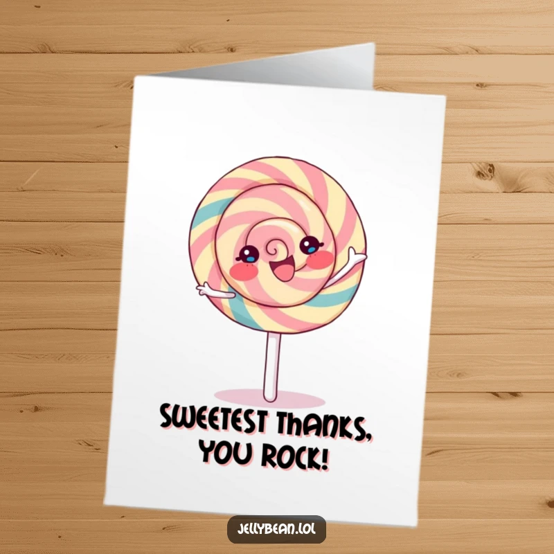 Funny Free Printable Thank You Card: A joyful lollipop character spinning happily to convey thanks.