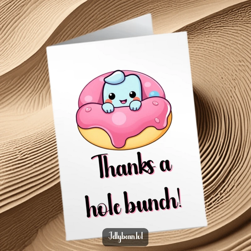 Funny Free Printable Thank You Card: Jelly bean peeking over a donut, grinning mischievously, saying thanks.