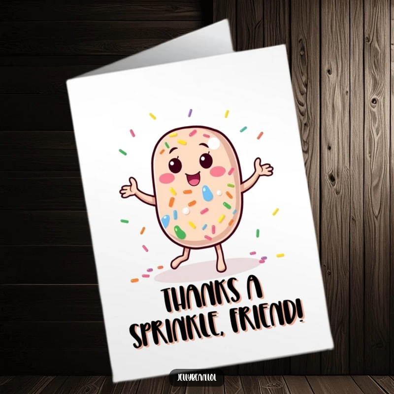 Funny Free Printable Thank You Card: A jelly bean character dancing with rainbow sprinkles, expressing thanks