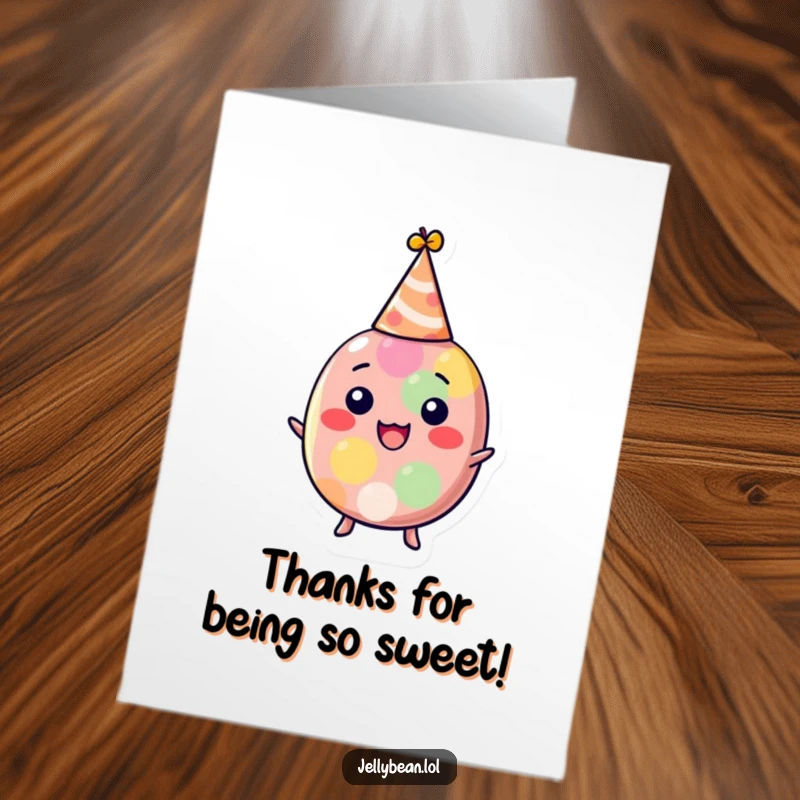 Funny free printable thank you card showing a happy jelly bean in a party hat, expressing gratitude.
