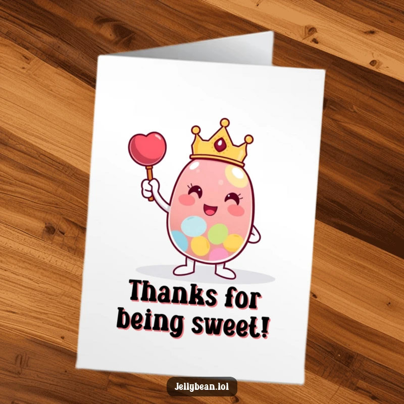Funny Free Printable Thank You Card depicts a jelly bean ruler in a crown celebrating victoriously with a huge candy.