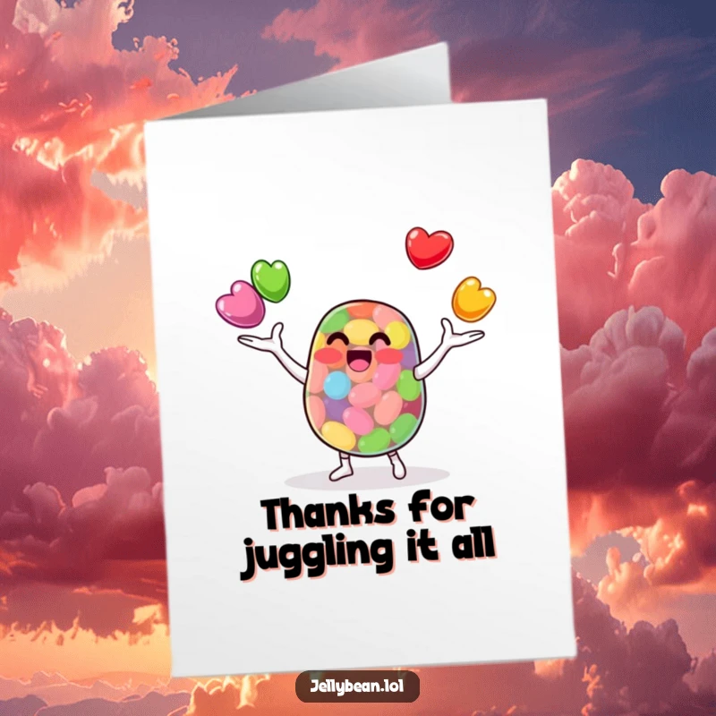 Funny Free Printable Thank You Card: A jelly bean character juggles small colorful jelly beans, expressing thanks.