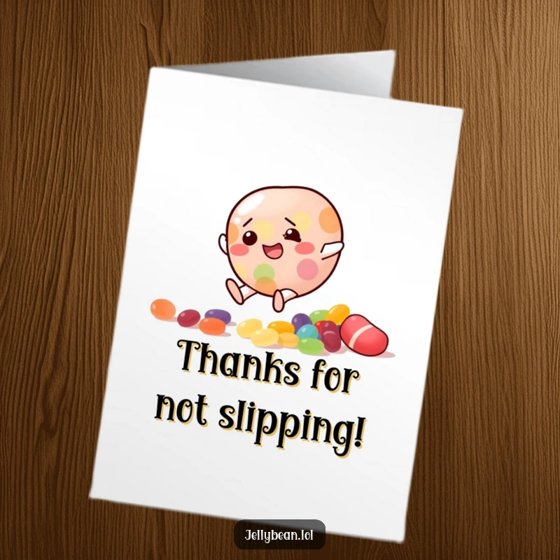 Funny Free Printable Thank You Card: Jelly bean character comically slipping on scattered candy, ideal DIY gift.
