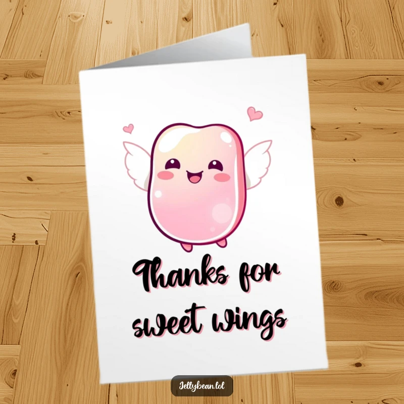 Funny free printable thank you card: Jelly bean with small wings, joyfully fluttering, expressing thanks, cute downloadable art.