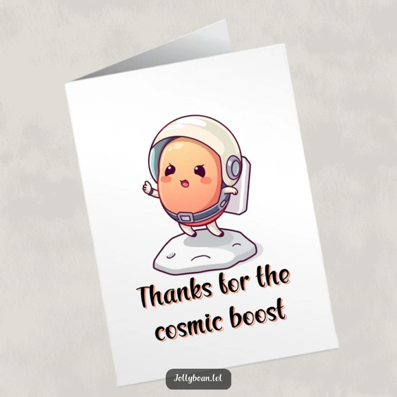 Funny free printable thank you card: Jelly bean astronaut bouncing on the moon, expressing thanks, quirky space downloadable art.