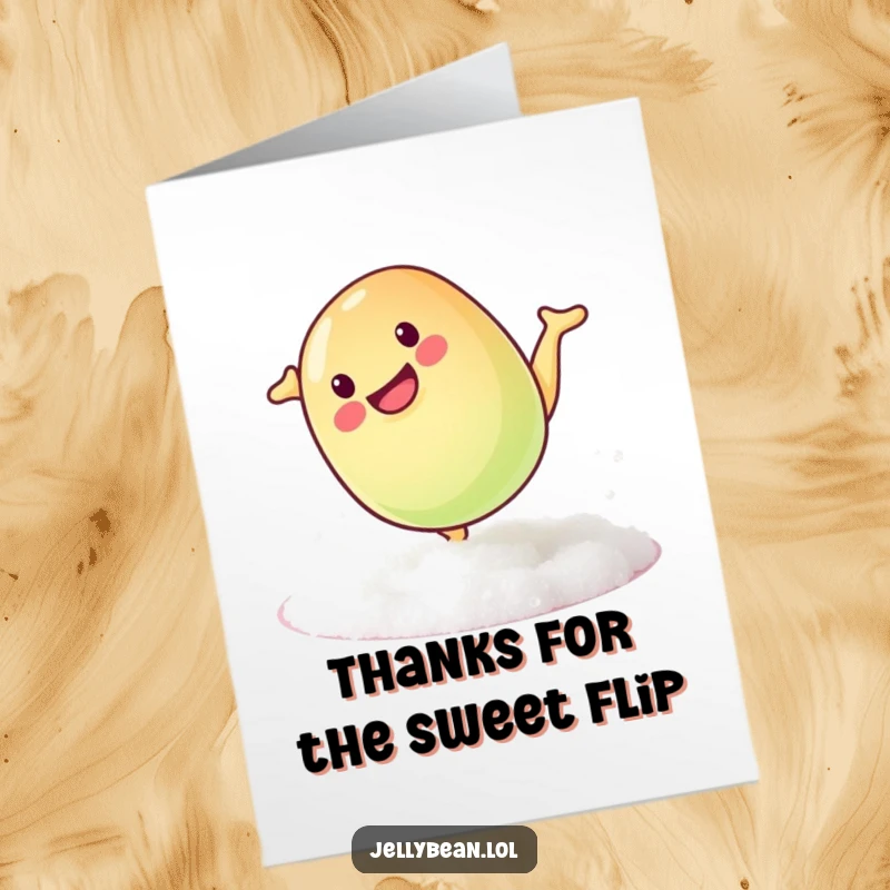 Funny free printable thank you card: Mischievous jelly bean somersaulting on sugar, expressing thanks, cute and playful downloadable art.