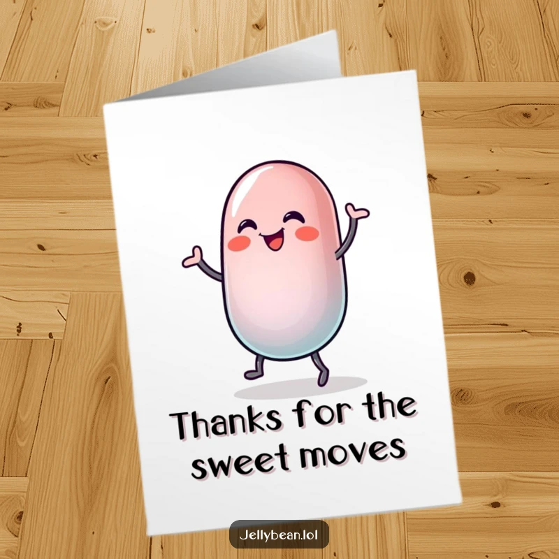Funny Free Printable Thank You Card: A jelly bean character doing a silly, joyful dance, body wobbling with glee.