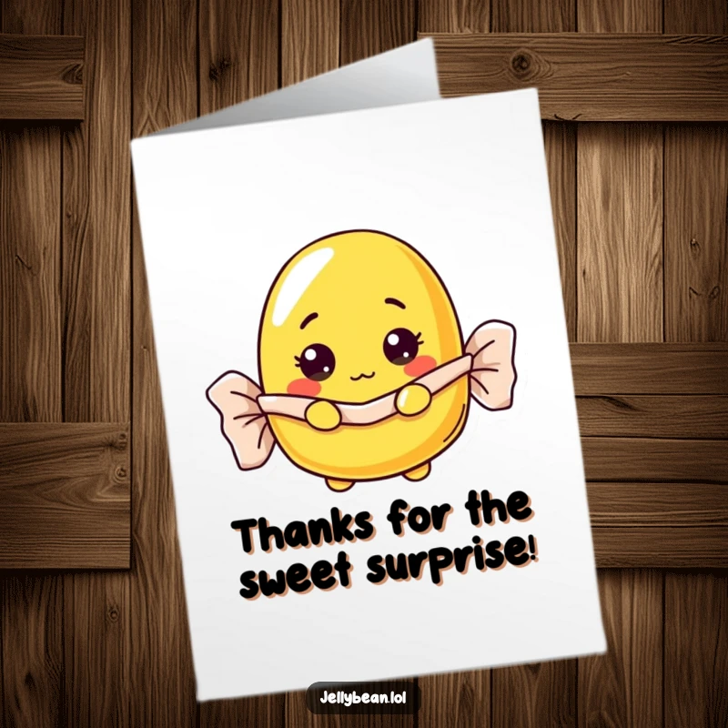 Funny Free Printable Thank You Card: A curious yellow jelly bean peeks from its wrapper, expressing thanks delightfully.