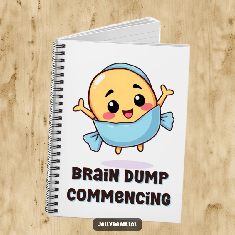 Funny notebook featuring a jelly bean with a funny face jumping out of a candy wrapper, for notes and ideas.