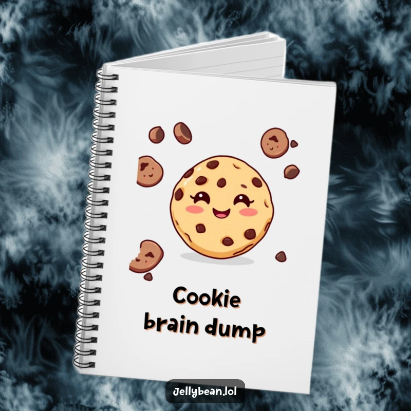 Funny notebook with a delighted chocolate chip cookie with a wide grin, perfect for notes, recipes, or journaling sweet thoughts.